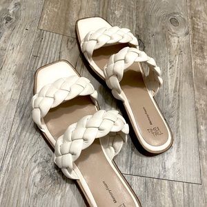 Time and Tru white/ cream and tan slip on sandals, braided straps, memory foam